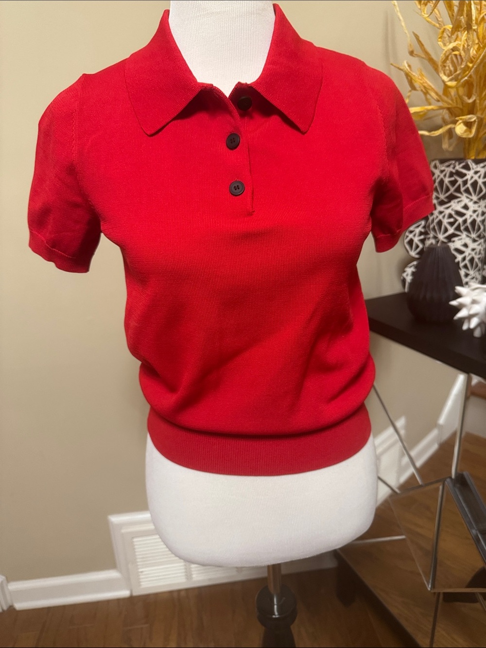 Zara Bright Red Short-Sleeve Polo Button-Down Top Size S pre-owned
